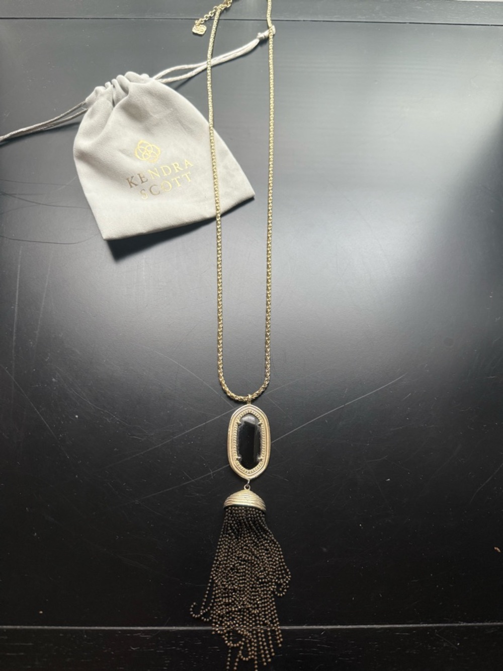 Kendra Scott Black Stone Tassel Necklace in Gold